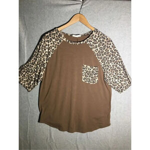 Womens Zenana Shirt Short Sleeve Leopard Print Brown Tan Casual Work Animal